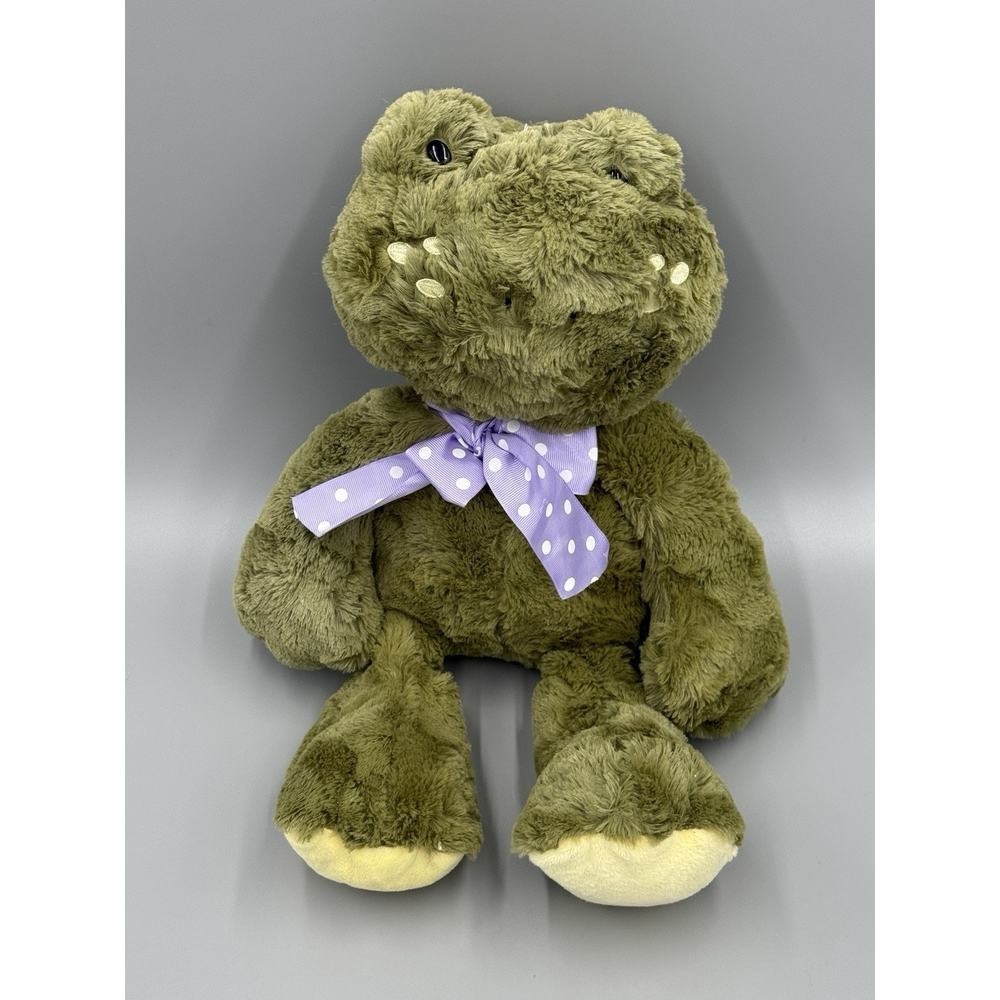Animal Adventure Green Frog Plush 13" Stuffed Animal W/ Purple Polka Dot Ribbon